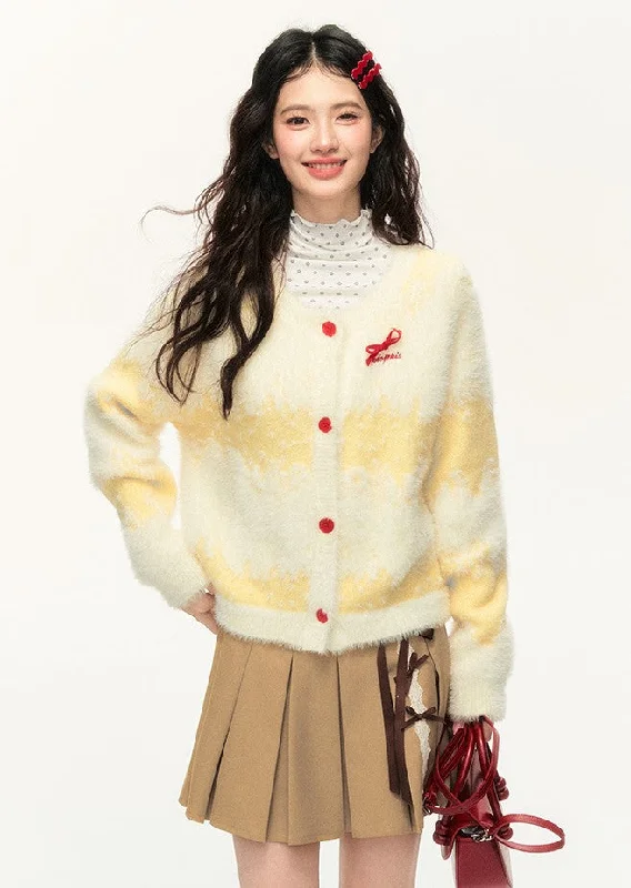 Bowknot Cream Yellow Long Hair Gradient Stripes Lazy Style Sweater Cardigan NTO0136 Zippered Buttoned Snapped
