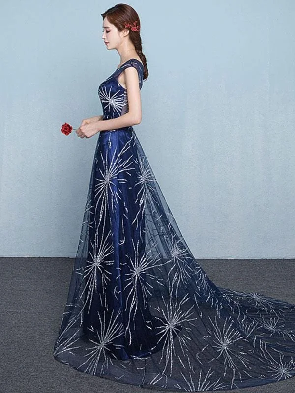 Constellation Dress Dark Navy Evening Dress 2021 Sexy A Line Scoop Neck Sequin Star Tulle Formal Party Dresses With Train Tunics Satin smooth