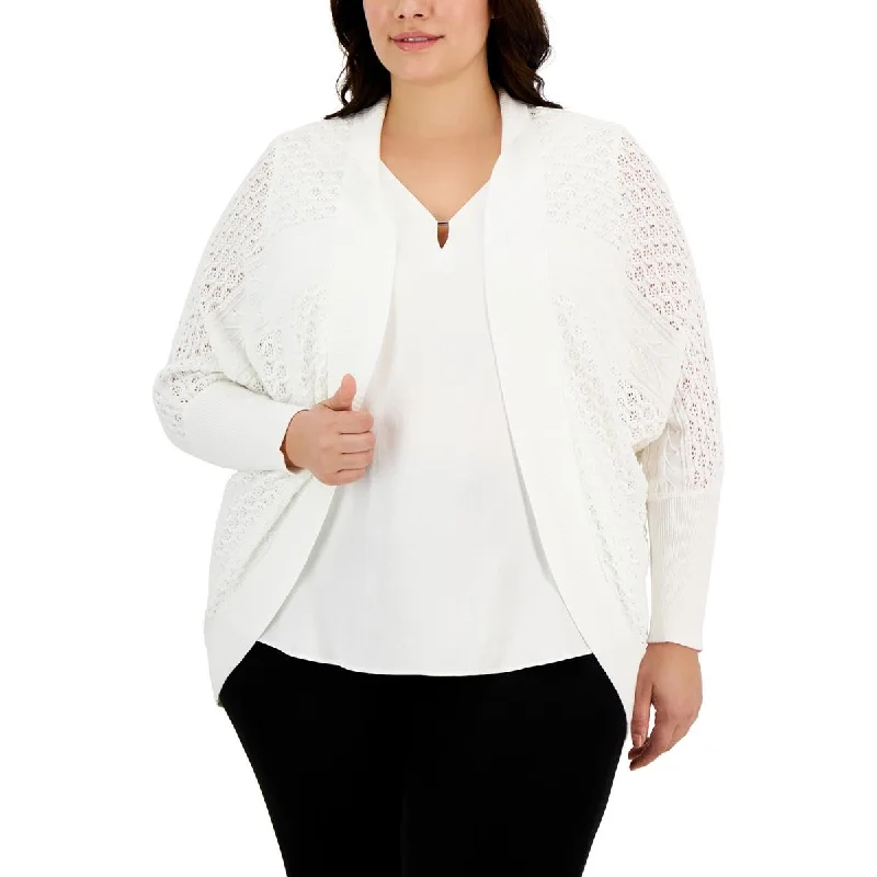 Anne Klein Womens Plus Ribbed Trim  Knit Cardigan Sweater Lightweight Heavyweight Midweight