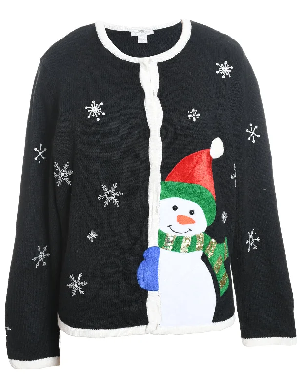Black Appliqued Snowman Design Christmas Cardigan  - L Velvet Chenille Corduroy