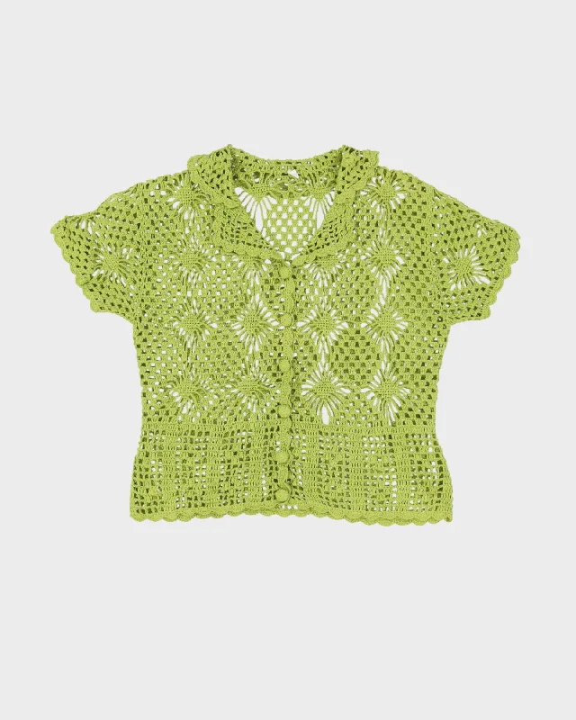 Y2K Green Lace Short Sleeve Crocheted Cardigan - S Cardigan Knitwear Sweater
