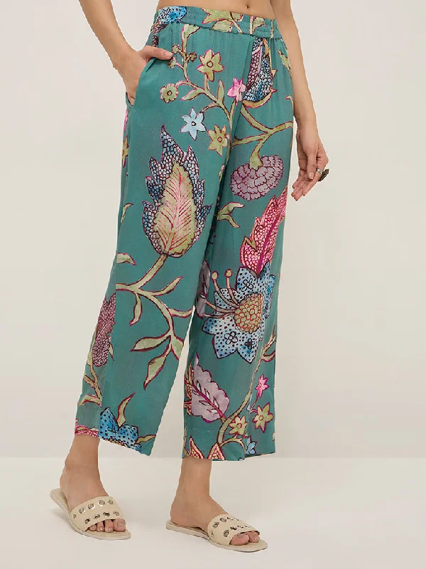 Utsa Teal Botanical Printed Ethnic Pants Formal Dress Pants