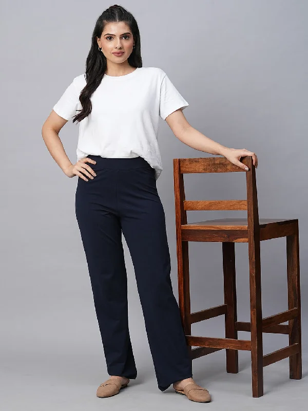 Women's Navy Cotton Elastane Regular Fit Pant Classic Bootcut Trousers