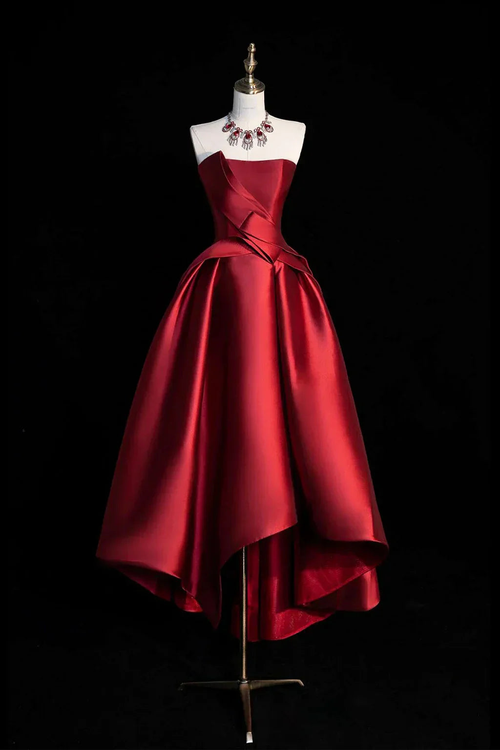 Burgundy Strapless Satin Party Dresses, A-Line High Low Evening Dresses Lace Sexy Club