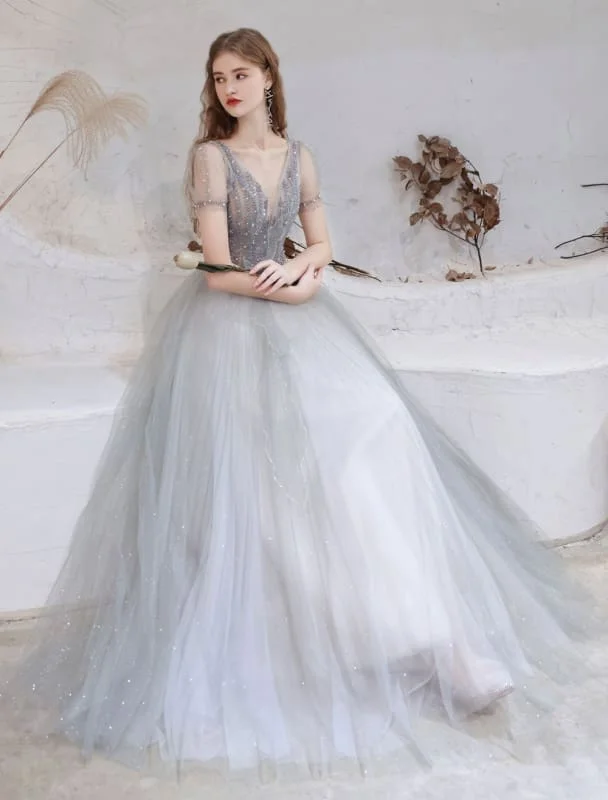 Evening Dress Light Grey A Line Bateau Neck Floor Length Social Party Dresses Pageant Dress Turtleneck Warm Winter