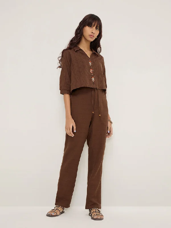 Bombay Paisley Brown High-Rise Cotton-Blend Pants Relaxed Lounge Trousers