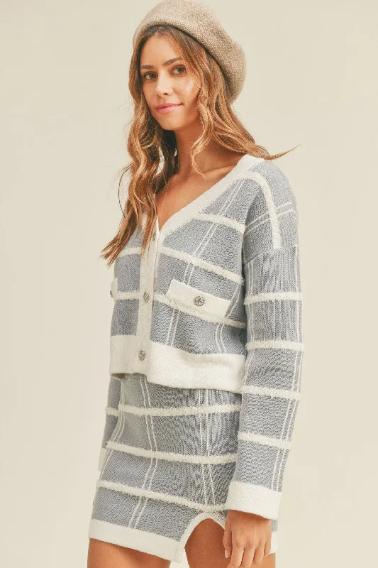 MABLE Sweater Cardigan and Mini Skirt Set Satin Blend Silk Blend Wool Blend