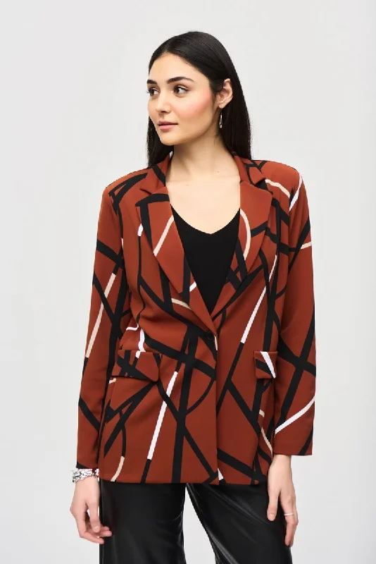 Joseph Ribkoff Cinnamon/Multi Abstract Print Long Sleeve Blazer Jacket 243317 Toggled Jacket Drawstring Jacket Belted Jacket