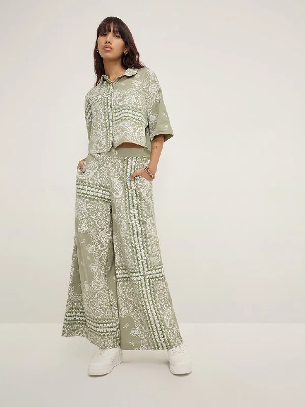 Bombay Paisley Sage Paisley Printed High-Rise Wide Leg Cotton-Blend Pants Cozy Jogger Leggings