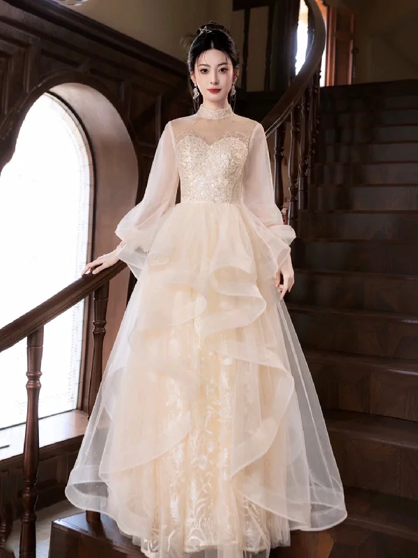 Champagne Tulle Long Sleeve Evening Party Dresses Tunics Versatile stylish