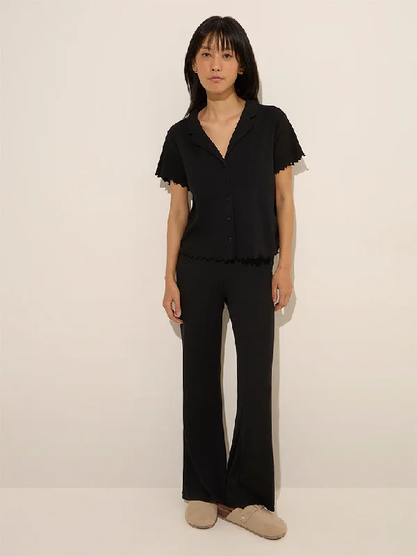 Superstar Black Ribbed Criss-Cross Waist High-Rise Cotton Pants Comfortable Denim Leggings