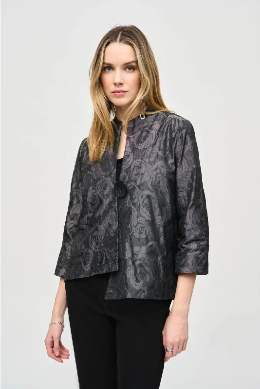 Joseph Ribkoff Black/Grey Floral Print Asymmetric Swing Jacket 243327 Embroidered Jacket Appliqued Jacket Beaded Jacket