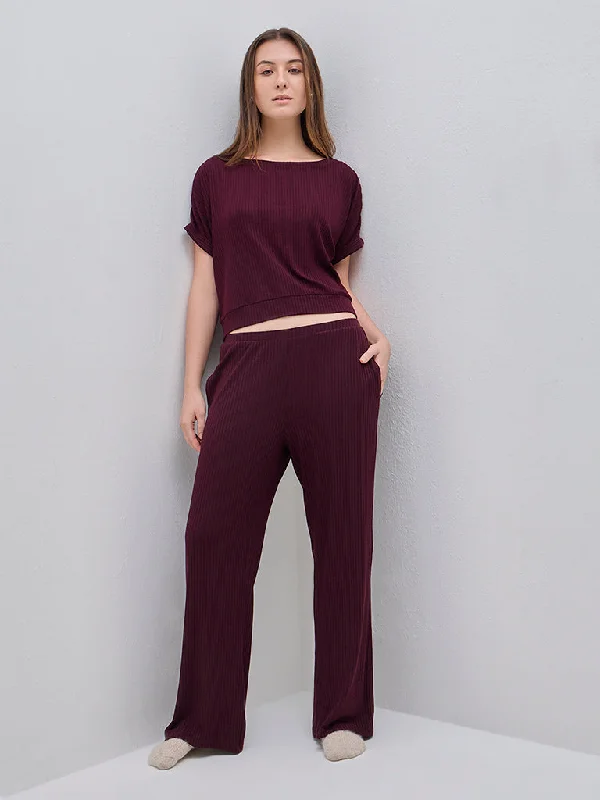 Wunderlove Purple Ribbed Cotton-Blend Lounge Pants High-Waist Yoga Pants