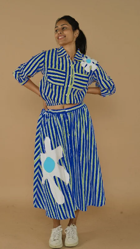 Deepti Blue Stripe Handloom Cotton Skirt Co-Ords 2 Pc high waist skirt