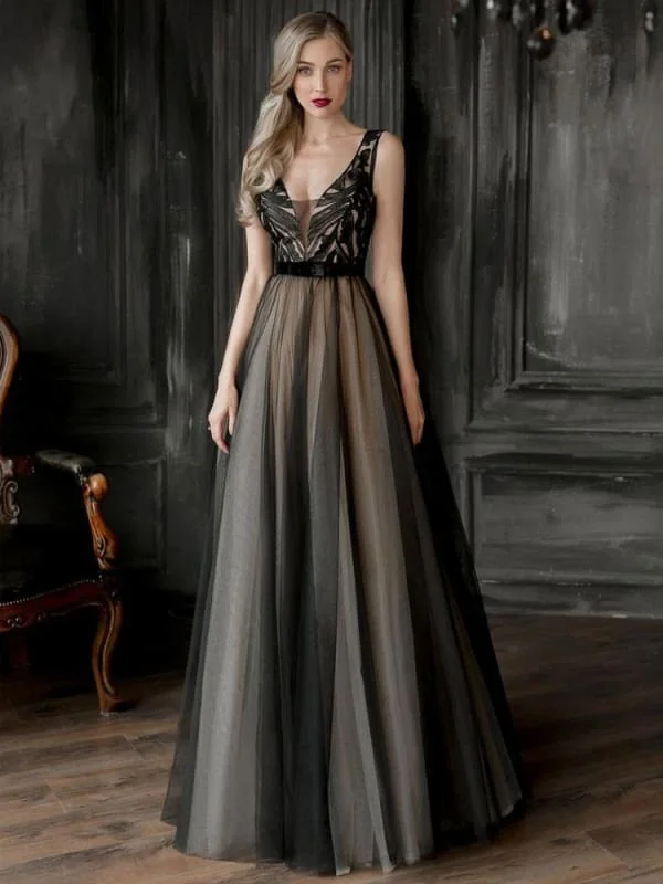 Evening Dress Black A-Line V-Neck Sleeveless Zipper Lace Tulle Floor-Length Formal Party Dresses Tunics Running lightweight