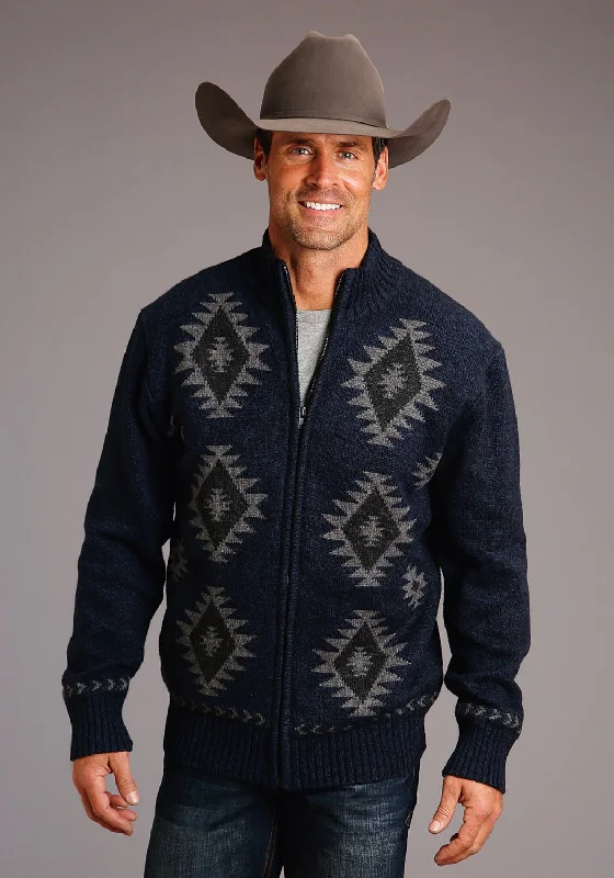 Stetson Mens Navy/Grey Cotton/Wool Aztec Pattern Cardigan Chenille Blend Fleece Blend Nylon Blend