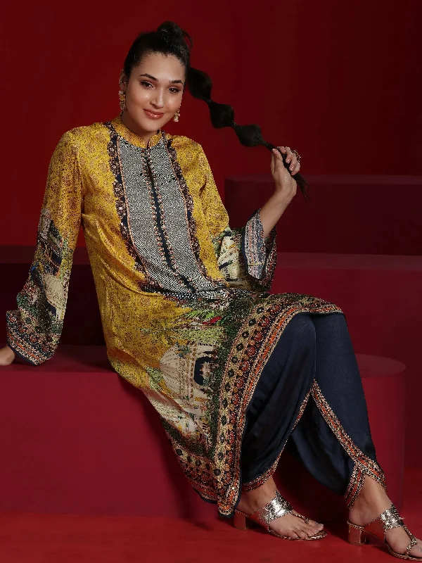 Libas Art Mustard Printed Silk Blend Straight Kurta With Dhoti Pants Comfortable Cargo Pants