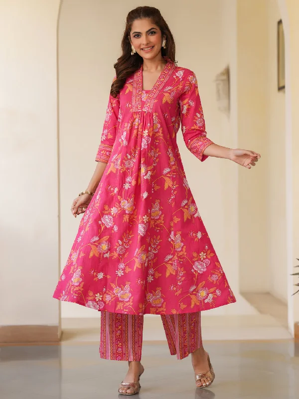 Pink Pure Cotton Floral Printed A-line Kurta Pant Set Relaxed Casual Leggings