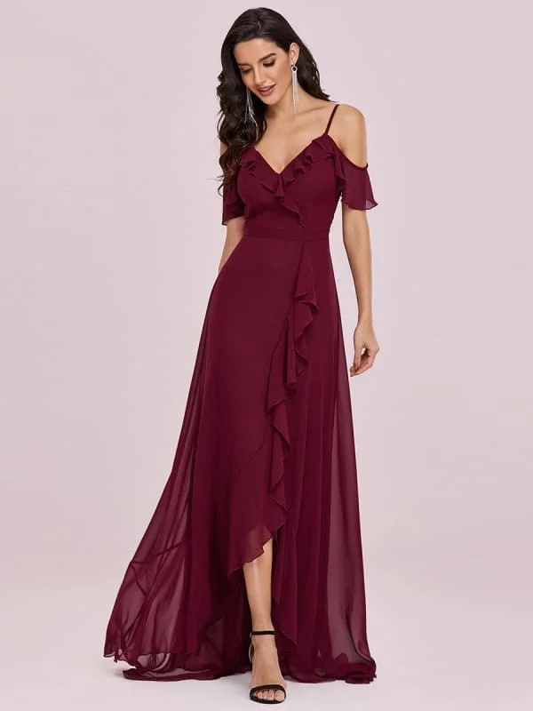 Burgundy Prom Dress V-Neck A-Line Sleeveless Backless Ruffles Split Front Chiffon Maxi Party Dresses Chiffon Maxi Beach