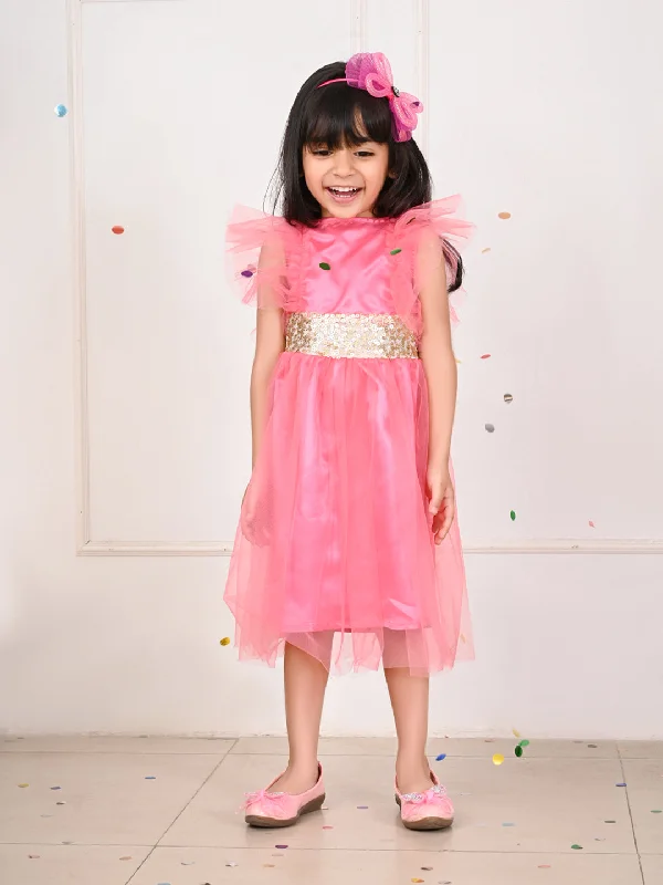 Sequin Belt Designed Frill Fit n Flare Party Dress Pencil Length Work