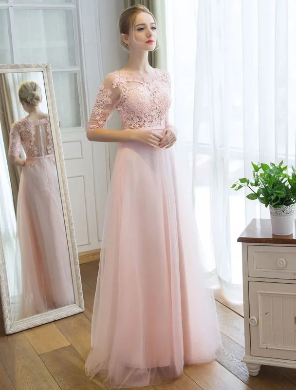 Prom Dresses Long Soft Pink Half Sleeve Lace Tulle Formal Evening Lace Applique Maxi Party Dress Crew Neckline Casual