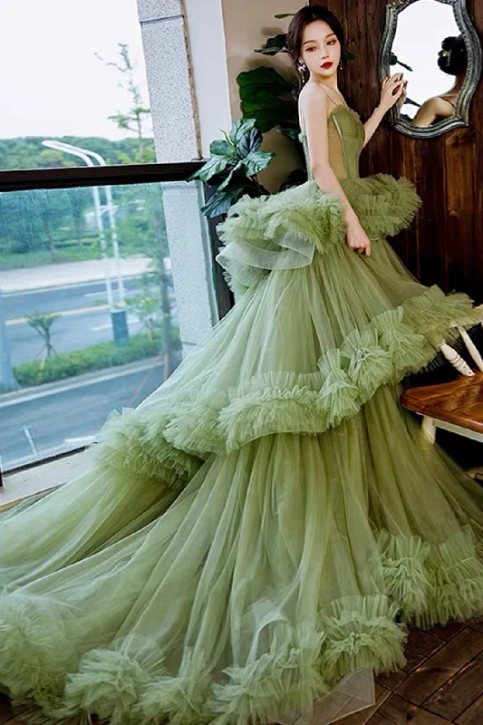 Green Tulle Layers Straps Sweetheart Long Evening Dresses Party Dresses, Green Formal Dresses Chiffon Maxi Beach