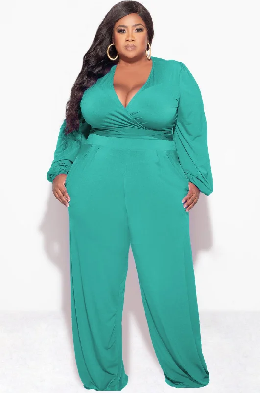 Final Sale Plus Size 2pc Tie Top & Pants in Green Chic Slim Fit Pants