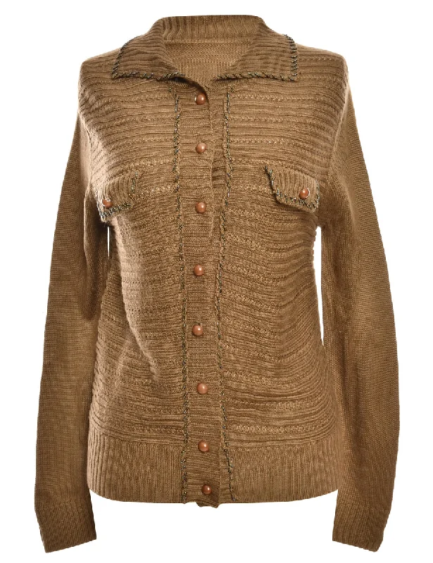 Brown Button Front Cardigan - S Embroidered Appliqued Beaded