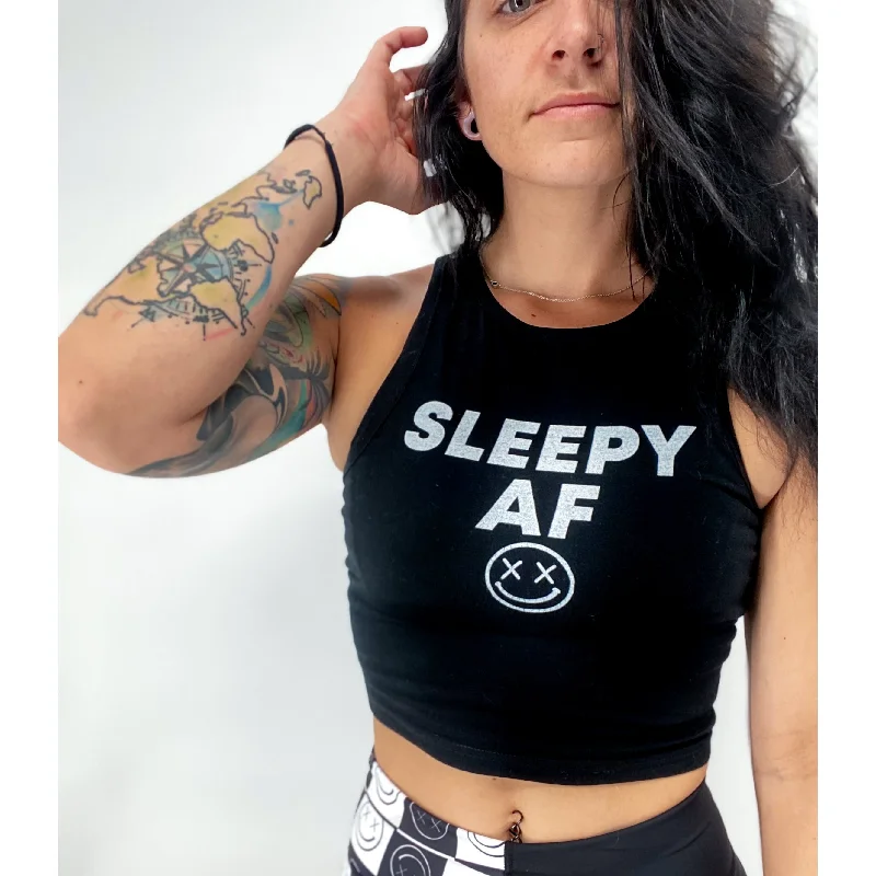 Salty Savage Ladies “SLEEPY AF” High Neck Sleeveless Crop Tank | Black vintage tank top