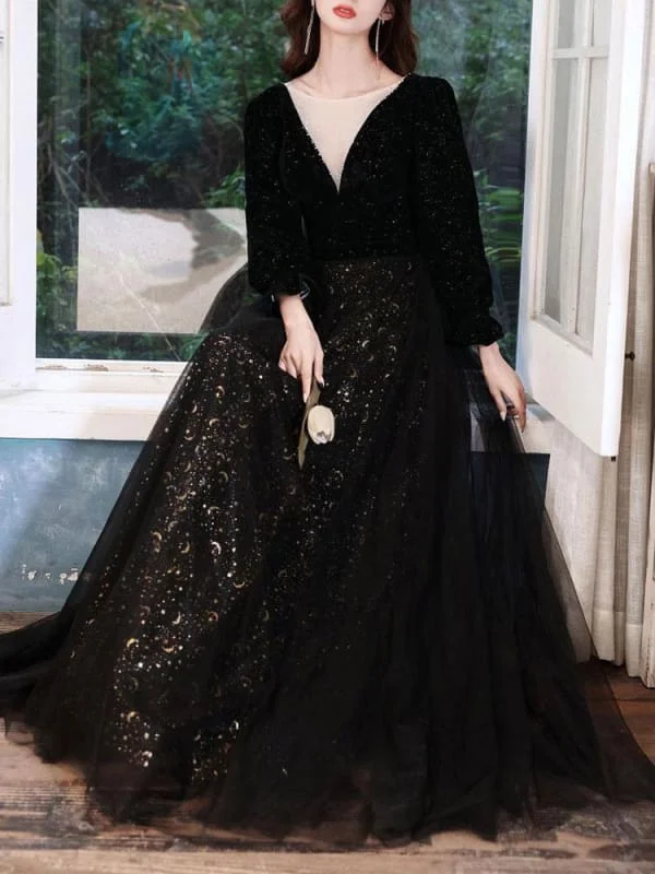 Black Evening Dress A-Line Jewel Neck Long Sleeves Sequined Lace Soft Tulle Floor-Length Formal Party Dresses Cowl Neckline Elegant