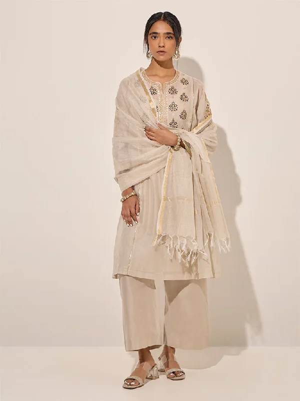 Vark Beige Cotton-Blend A-Line Kurta with inner, Pants and Dupatta Set Modern Stretch Trousers