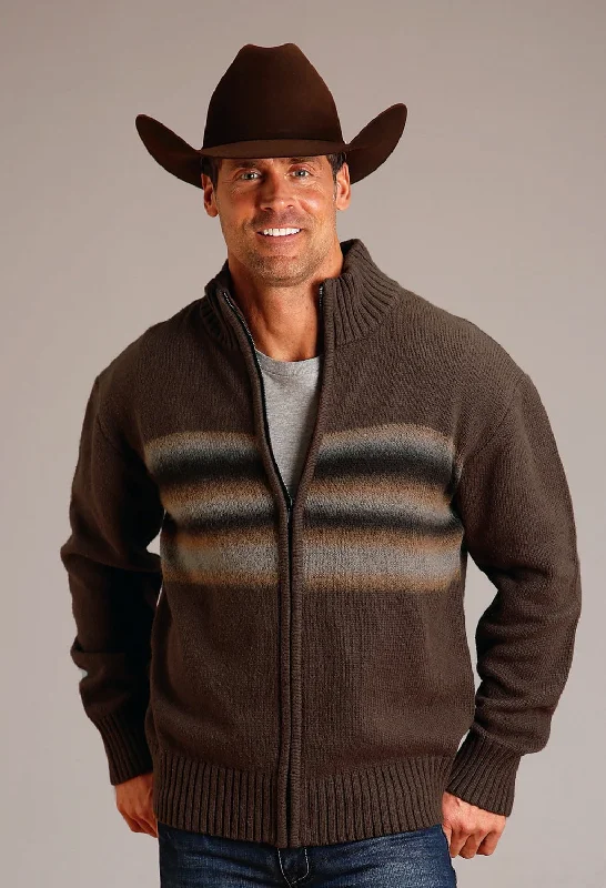 Stetson Mens Ombre Border Stripe Grey Wool Blend Cardigan Sweater Toggled Drawstring Belted
