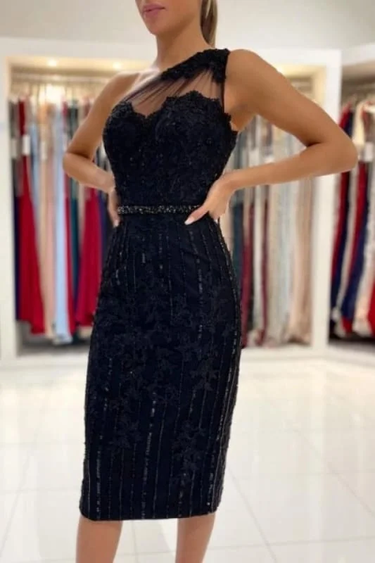 Evening Dresses Short Black Cocktail Dresses with Sequins One Shoulder Party Dress Turtleneck Warm Winter