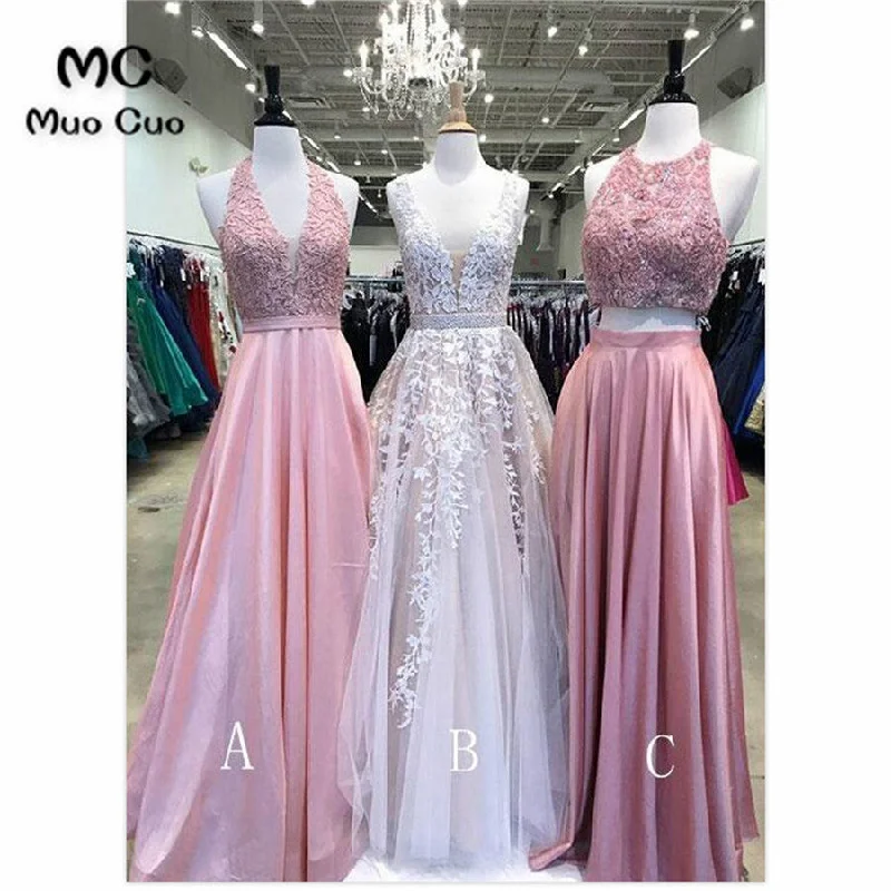New Prom Dresses Long with ABC Design Appliques Two Pieces Gown Tulle vestido de festa Formal Evening Party Dress Tunics Lace romantic