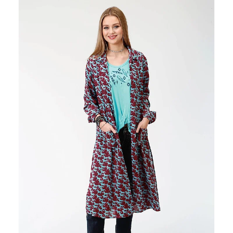 Roper Rayon Horse Pattern Red & Turquoise Womens Cardigan Front Pockets Side Pockets Patch Pockets