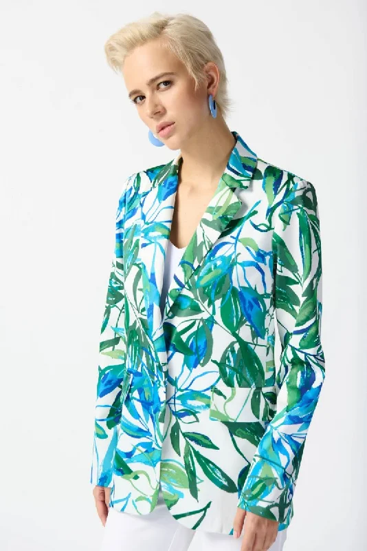Joseph Ribkoff Vanilla/Multi Tropical Leaf Print One-Button Blazer Jacket 242210 Tailored Jacket Straight Jacket A-Line Jacket