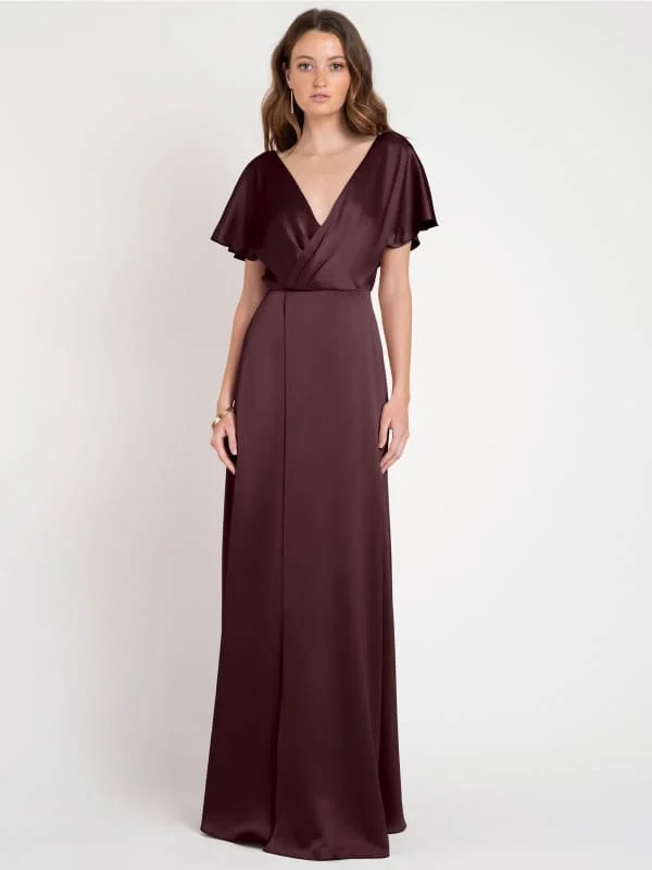 Burgundy Evening Dress A-Line V-Neck Floor-Length Short Sleeves Backless Pleated Matte Satin Social Party Dresses Tunics Wedding white