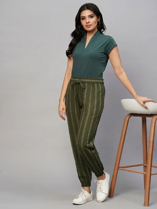 Women's Olive Viscose Linen Regular Fit Pant Comfortable Jogging Pants