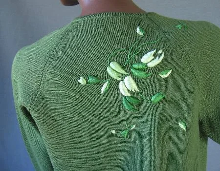 Women's 60s Elsie Tu Sweater Jac Cardigan Vintage Trapunto Embroidery Small VFG Green Mesh Fabric Canvas Fabric Denim Fabric