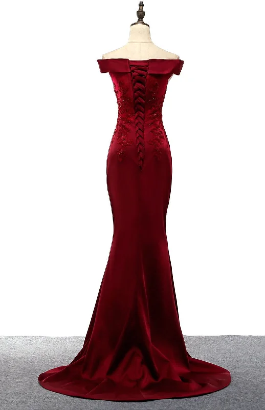 Dark Red Mermaid Satin Long Party Dress, Off Shoulder Evening Dress Tunics Floral girly