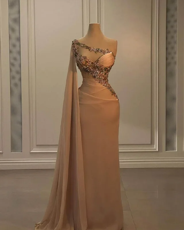Fashion Evening Dresses For Women One Shoulder Sleeveless Gown Appliques Prom Party Dresses Crew Neckline Sporty