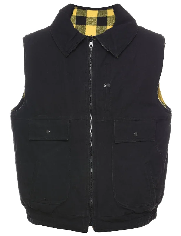 Black Zip-Front Sleeveless Jacket  - L Snapped Jacket Toggled Jacket Drawstring Jacket