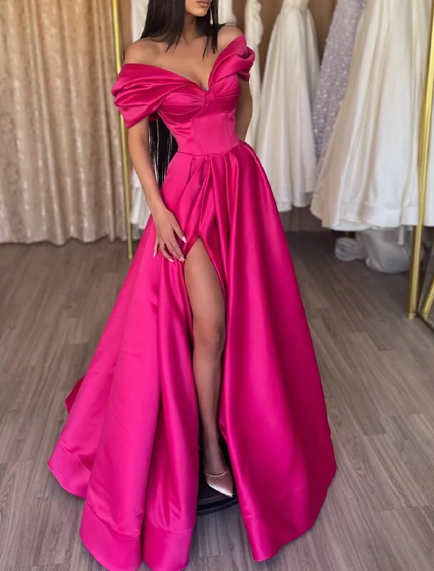 A-Line Evening Gown Party Dress Sexy Dress Prom Birthday Floor Length Short Sleeve Off Shoulder Satin with Slit Pure Color Tunics Yoga stretchy