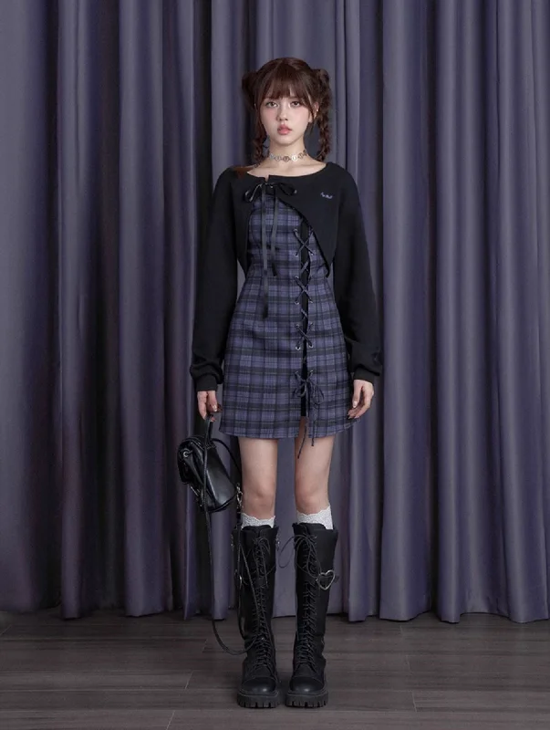 Blueberry Purple Checkered Dress/Black Short Cardigan SAG0193 Seamless Knitted Crochet
