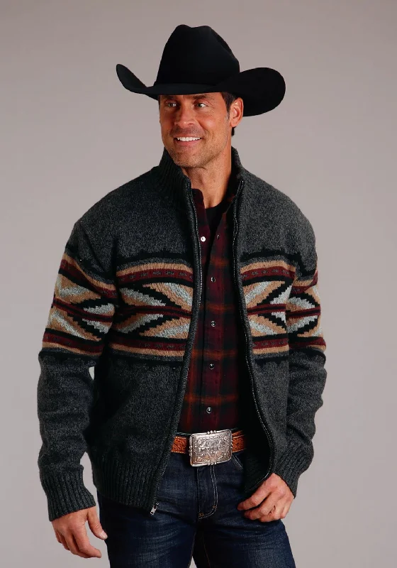 Stetson Mens Arrow Border Grey Cotton/Wool L/S Cardigan Sweater Ribbed Striped Patterned