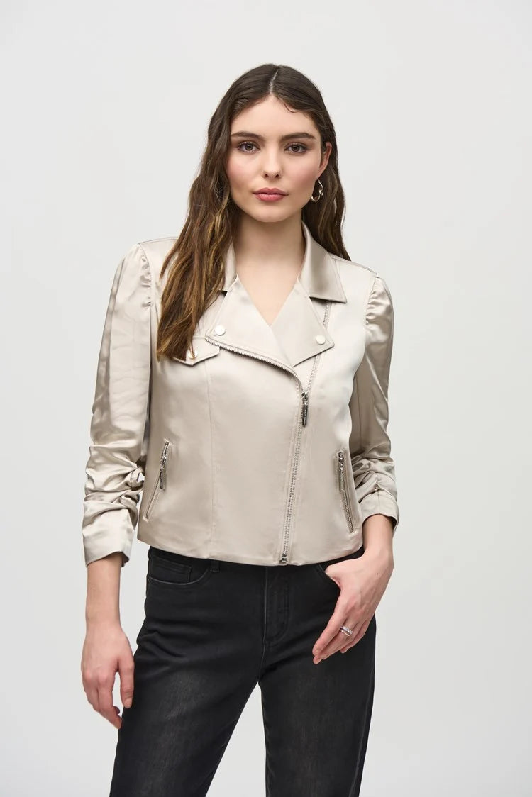 Joseph Ribkoff Satin Moto Jacket With Zippers Boat Neck Shawl Collar Notched Collar
