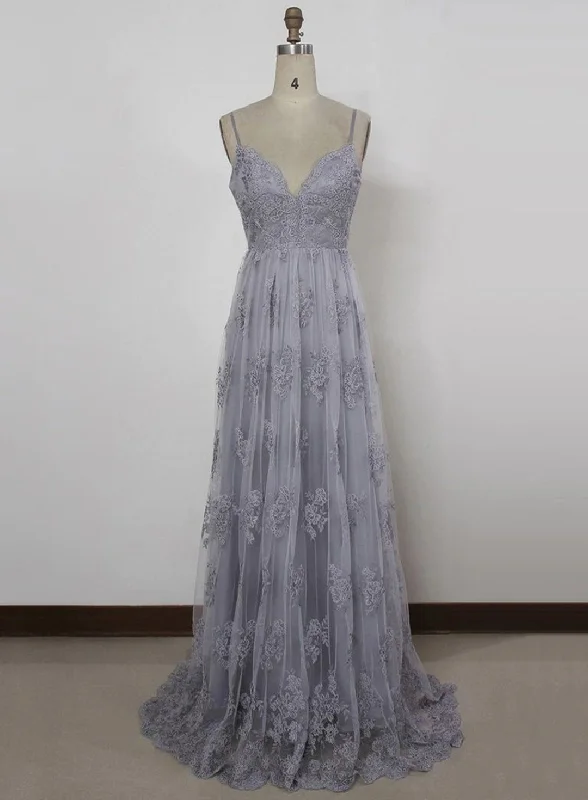Charming Grey Lace Evening Party Dresses , High Quality Formal Gown Tunics Satin smooth