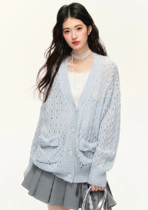 Bow Pocket Hollow Cable Knitted Sweater Cardigan NTO0134 Hooded Caped Shawl Collar