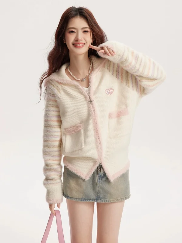 Cream Striped Sleeve Zip Knit Cardigan NTO0060 Knit Fabric Woven Fabric Fleece Fabric