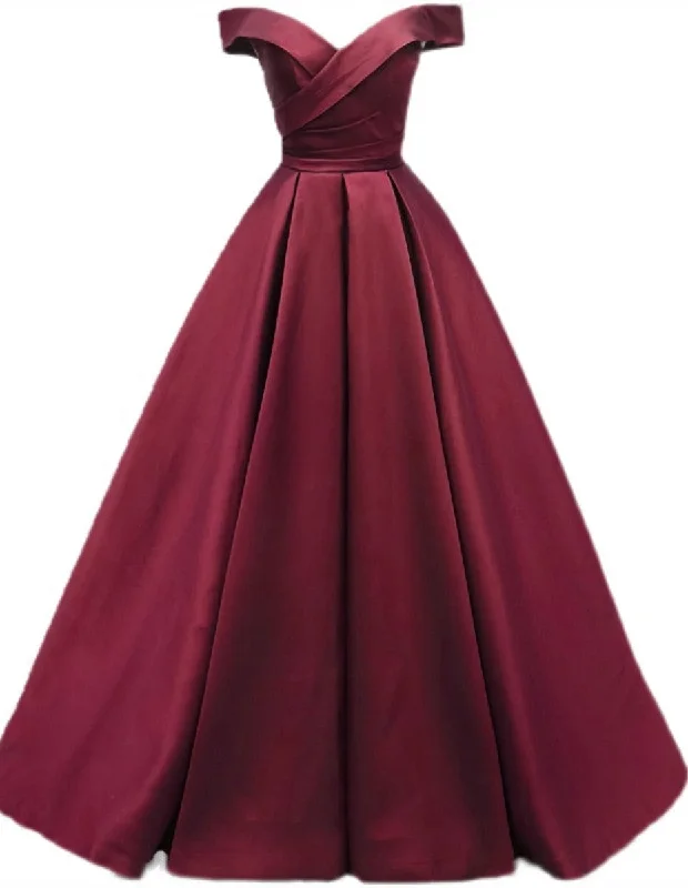 Burgundy Simple A-line Floor Length Satin Off Shoulder Party Dress, Long Evening Dress Peplum Ruffle Cocktail